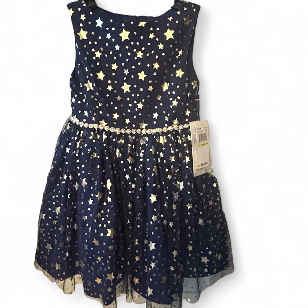MIA & MIMI GIRLS 3T FIT & FLARE SLEEVELESS DRESS NAVY BLUE GOLD STAR PRINT NWOT - Picture 2 of 9